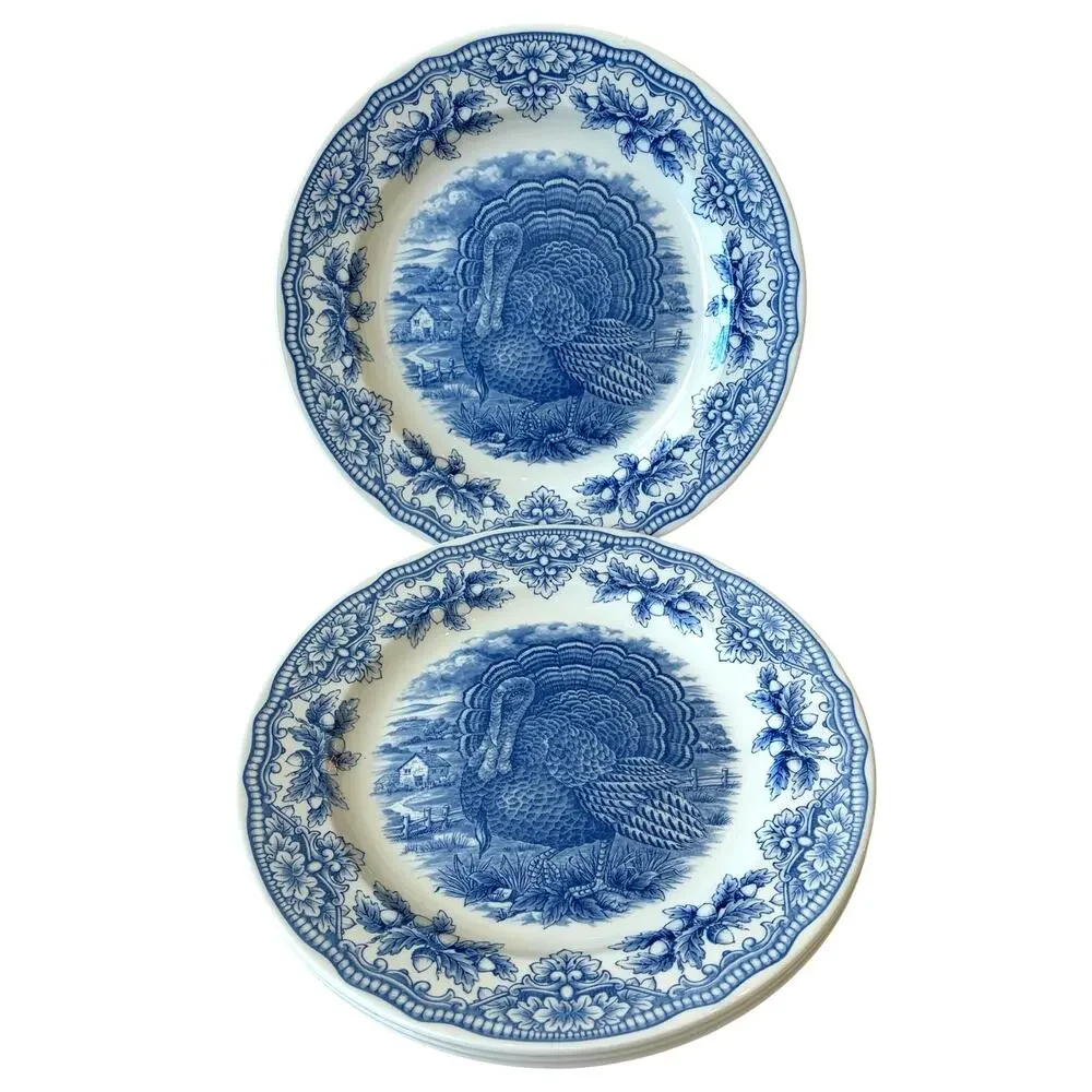 Royal Stafford Thanksgiving TURKEY Dinner Plates 11in Set of 4 Blue NEW